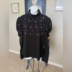NWOT Shein Long Sleeve Black Mock Neck Top -  Faux Pearl & ruched shoulders XXL